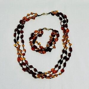 Vintage Hand Knotted Amber Multi-Strand Necklace and Bracelet Set